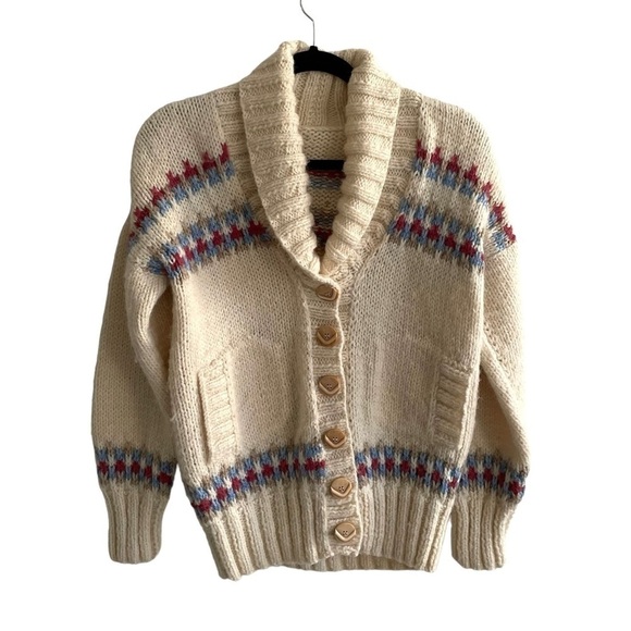 HAND KNIT Wool Chunky Knit Button Front Cardigan Sweater Cream Blue L - Picture 5 of 7